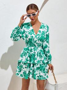 SHEIN VCAY Floral Print Surplice Neck Ruffle Hem Dress - White - View 4