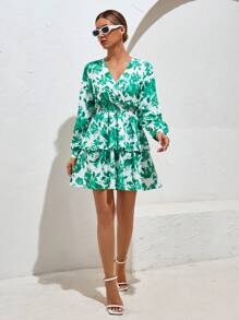 SHEIN VCAY Floral Print Surplice Neck Ruffle Hem Dress - White - View 5