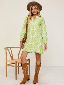 SHEIN VCAY 刺繡缺口領燈籠袖直筒洋裝 - 綠色 - 查看 6