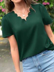 SHEIN Clasi Cắt vỏ sò Ống tay áo Áo sơ mi - Màu xanh lá cây đậm - Xem 5
