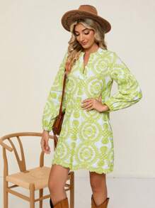 SHEIN VCAY 刺繡缺口領燈籠袖直筒洋裝 - 綠色 - 查看 5