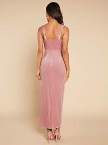 SHEIN Belle Ruched Split Thigh Velvet Cami Bridesmaid Dress - Dusty Pink - View 2