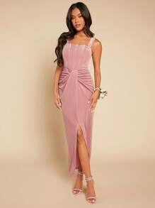 SHEIN Belle Ruched Split Thigh Velvet Cami Bridesmaid Dress - Dusty Pink - View 1
