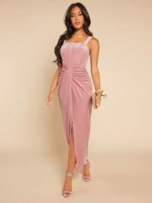 SHEIN Belle Ruched Split Thigh Velvet Cami Bridesmaid Dress - Dusty Pink - View 3