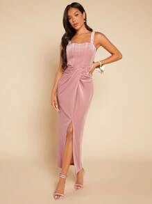 SHEIN Belle Ruched Split Thigh Velvet Cami Bridesmaid Dress - Dusty Pink - View 5