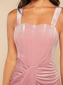 SHEIN Belle Ruched Split Thigh Velvet Cami Bridesmaid Dress - Dusty Pink - View 6