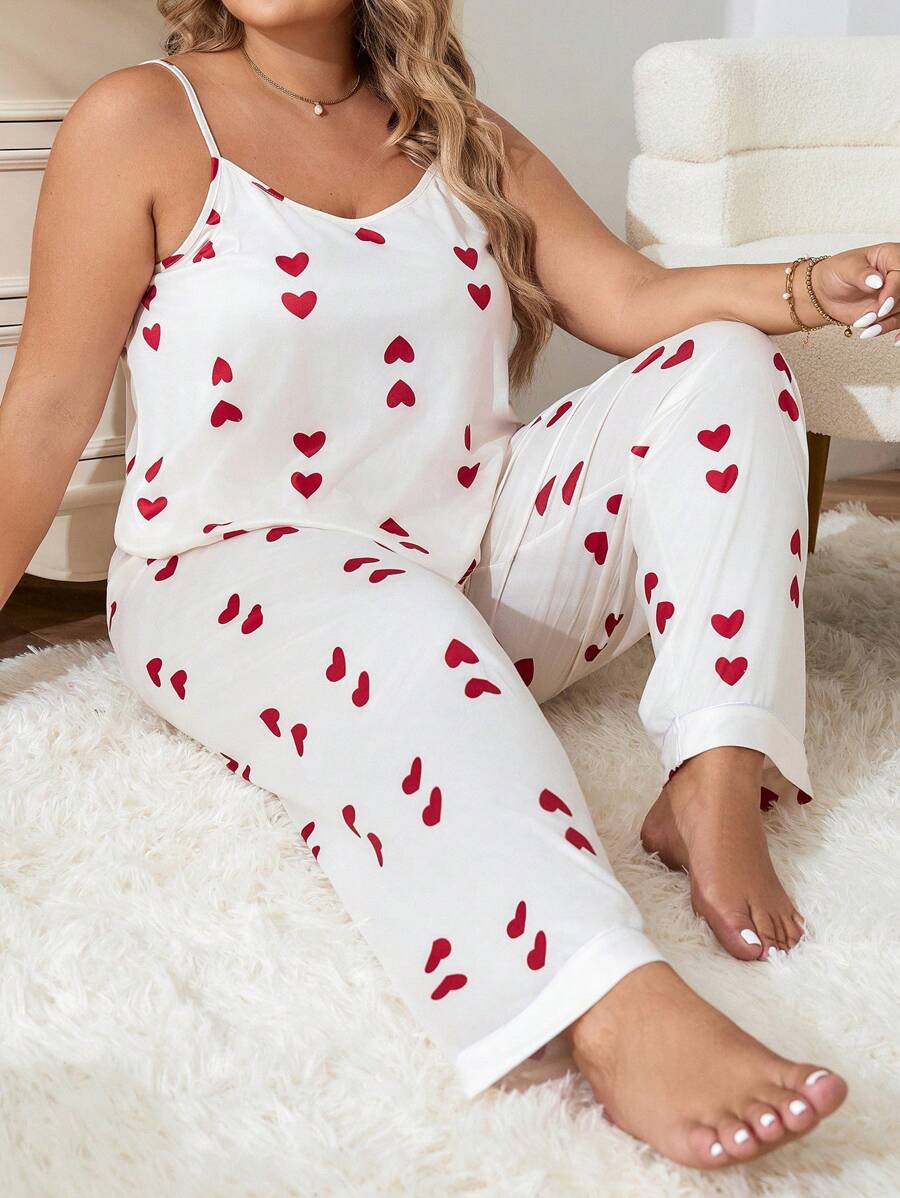 Conjunto de pijama de top de camiseta y pantalones con estampado de corazón de talla grande - Rojo y blanco - Ver 1