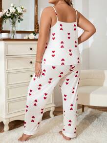 Conjunto de pijama de top de camiseta y pantalones con estampado de corazón de talla grande - Rojo y blanco - Ver 2