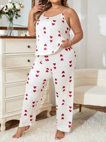 Conjunto de pijama de top de camiseta y pantalones con estampado de corazón de talla grande - Rojo y blanco - Ver 3