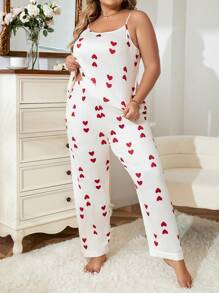 Conjunto de pijama de top de camiseta y pantalones con estampado de corazón de talla grande - Rojo y blanco - Ver 4