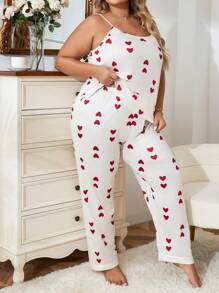 Conjunto de pijama de top de camiseta y pantalones con estampado de corazón de talla grande - Rojo y blanco - Ver 5