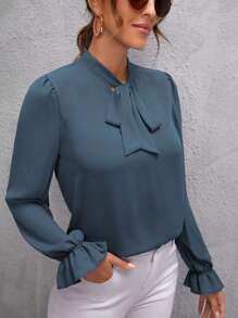 SHEIN LUNE Tie Neck Flounce Sleeve Blouse - Dusty Blue - View 1