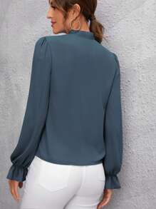 SHEIN LUNE Tie Neck Flounce Sleeve Blouse - Dusty Blue - View 2