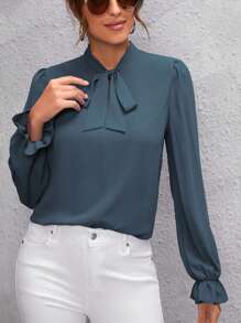 SHEIN LUNE Tie Neck Flounce Sleeve Blouse - Dusty Blue - View 3
