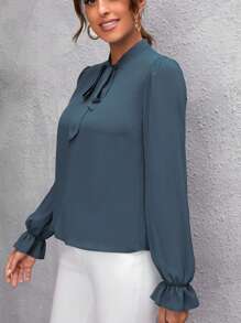 SHEIN LUNE Tie Neck Flounce Sleeve Blouse - Dusty Blue - View 4