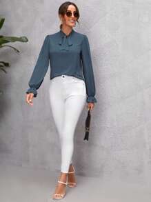 SHEIN LUNE Tie Neck Flounce Sleeve Blouse - Dusty Blue - View 5