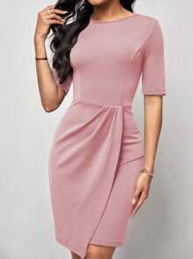 SHEIN Clasi Solid Wrap Hem Bodycon Dress - Dusty Pink - View 1