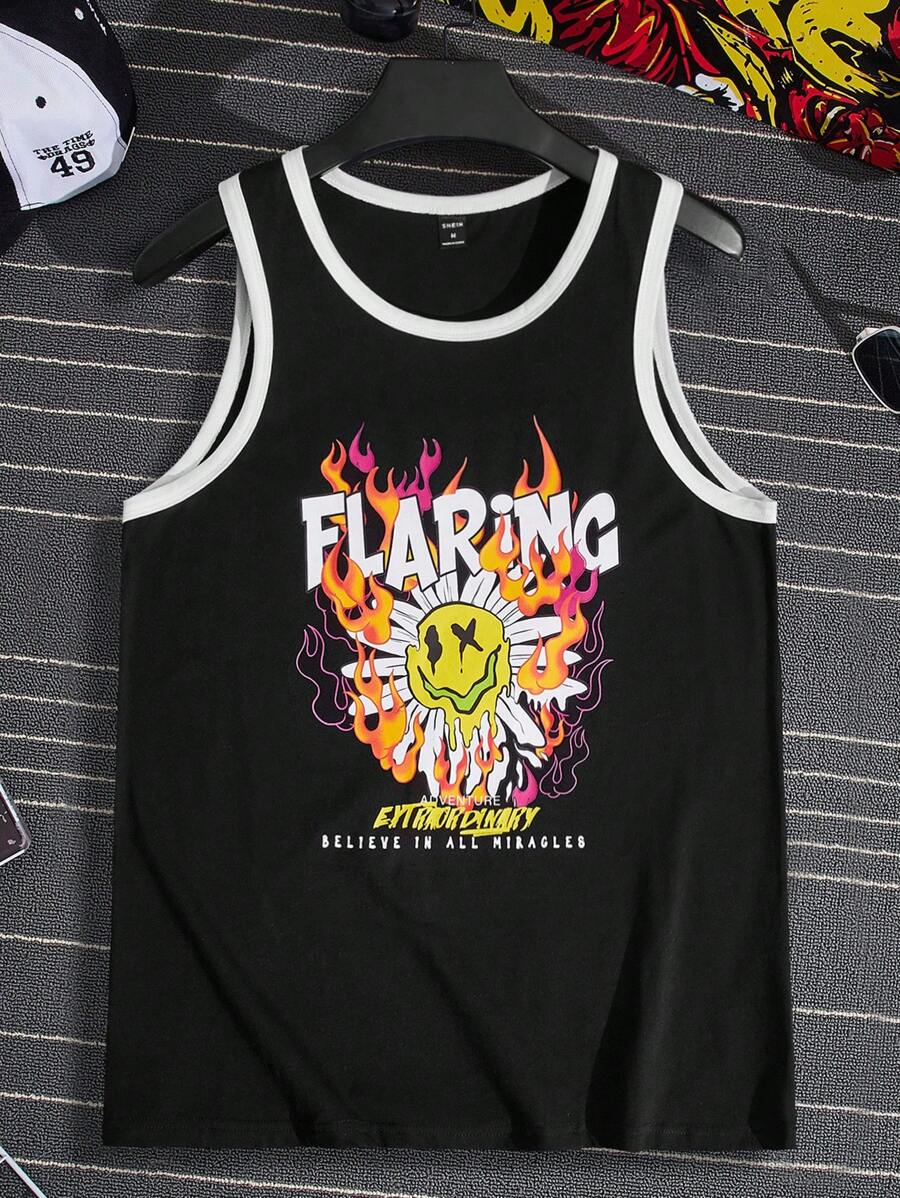 Manfinity RebelGame Men Fire & Cartoon Graphic Contrast Binding Tank Top - Black - View 1