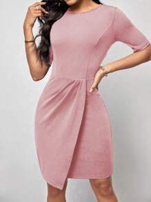 SHEIN Clasi Solid Wrap Hem Bodycon Dress - Dusty Pink - View 4