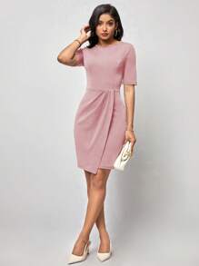 SHEIN Clasi Solid Wrap Hem Bodycon Dress - Dusty Pink - View 5