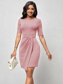 SHEIN Clasi Solid Wrap Hem Bodycon Dress - Dusty Pink - View 6