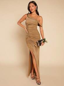 SHEIN Belle Asymmetrical Neck Ruched Split Thigh Bridesmaid Dress - Khaki - View 4