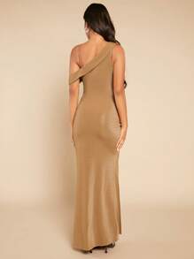 SHEIN Belle Asymmetrical Neck Ruched Split Thigh Bridesmaid Dress - Khaki - View 2