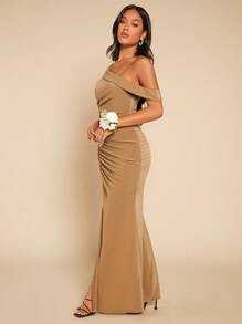 SHEIN Belle Asymmetrical Neck Ruched Split Thigh Bridesmaid Dress - Khaki - View 5