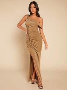 SHEIN Belle Asymmetrical Neck Ruched Split Thigh Bridesmaid Dress - Khaki - View 3