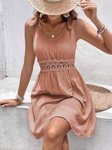 SHEIN Frenchy Contrast Guipure Lace Tie Shoulder Dress - Dusty Pink - View 1