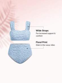 Swim DD+ Bộ bikini cạp cao họa tiết hoa nhỏ nhắn, cho kỳ nghỉ hè ở bãi biển - Màu xanh lam - Xem 3