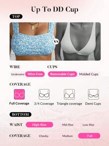 Swim DD+ Bộ bikini cạp cao họa tiết hoa nhỏ nhắn, cho kỳ nghỉ hè ở bãi biển - Màu xanh lam - Xem 4