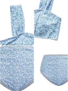 Swim DD+ Bộ bikini cạp cao họa tiết hoa nhỏ nhắn, cho kỳ nghỉ hè ở bãi biển - Màu xanh lam - Xem 5