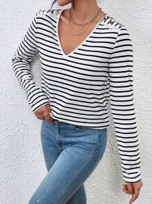 SHEIN Frenchy 條紋印花紐扣細節T恤 - 黑色 - 查看 1