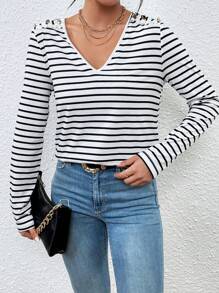 SHEIN Frenchy 條紋印花紐扣細節T恤 - 黑色 - 查看 4