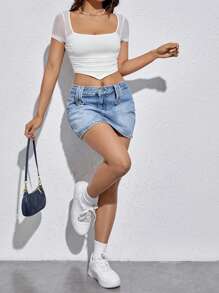 SHEIN EZwear Contrast Mesh Ruched Bandana Hem Crop Top - White - View 6