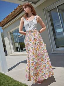 SHEIN Frenchy Lá sen tỉa Nút phía trước Dây đeo rộng Áo - trắng - Xem 4