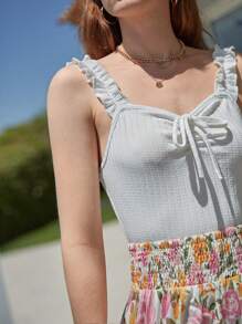 SHEIN Frenchy Lá sen tỉa Nút phía trước Dây đeo rộng Áo - trắng - Xem 5