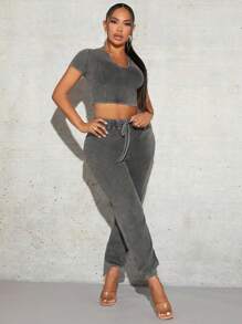 SHEIN SXY Notched Neck Crop Tee new years eve outfit
party outfit 
sexy outfit - Grey - View 4