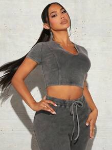 SHEIN SXY Notched Neck Crop Tee new years eve outfit
party outfit 
sexy outfit - Grey - View 6