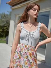 SHEIN Frenchy Lá sen tỉa Nút phía trước Dây đeo rộng Áo - trắng - Xem 7