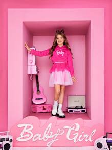 SHEIN 女大童字母圖案連帽衫&網紗覆蓋半身裙 - 彩色 - 查看 3