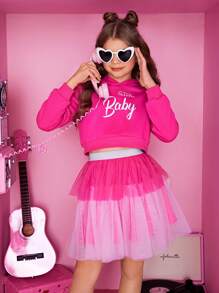 SHEIN 女大童字母圖案連帽衫&網紗覆蓋半身裙 - 彩色 - 查看 6