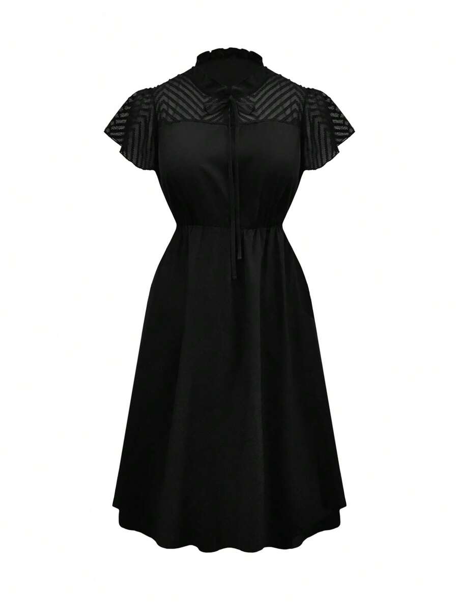 SHEIN Unity Plus Contrast Mesh Tie Neck Butterfly Sleeve Dress - Black - View 1