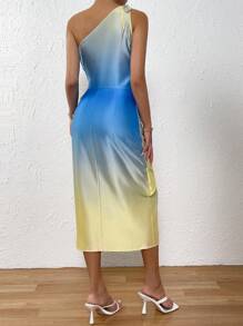 Breezaya Bóng Một bờ vai Viền ven Chi tiết draped Viền không đối xứng Đầm - Màu vàng - Xem 3