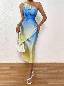 Breezaya Bóng Một bờ vai Viền ven Chi tiết draped Viền không đối xứng Đầm - Màu vàng - Xem 1