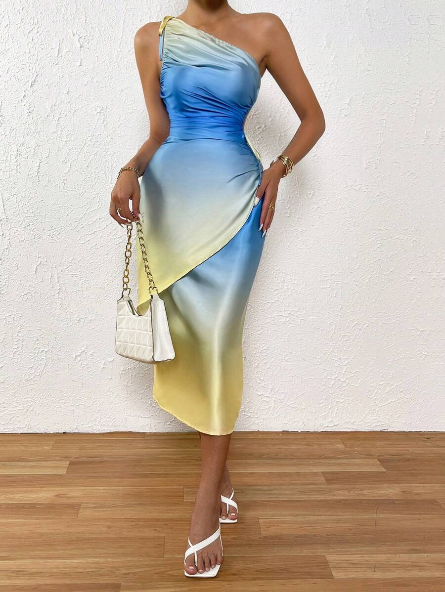 Breezaya Bóng Một bờ vai Viền ven Chi tiết draped Viền không đối xứng Đầm - Màu vàng - Xem 1