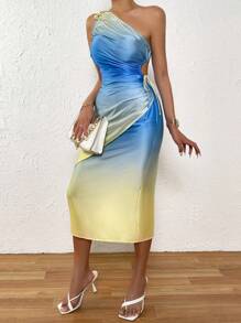 Breezaya Bóng Một bờ vai Viền ven Chi tiết draped Viền không đối xứng Đầm - Màu vàng - Xem 4