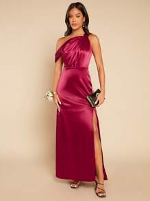 SHEIN Belle Burgundy Red Asymmetrical Neck Split Thigh Satin Dress - Burgundy - View 3