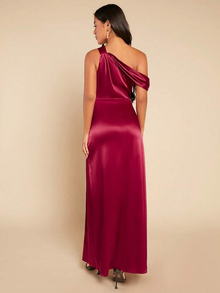 Burgundy Red Asymmetrical Neck Split Thigh Satin Dress